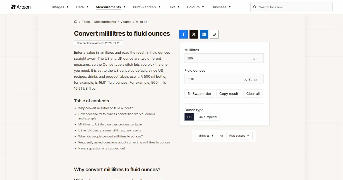 Arteon free tool screenshot: Convert millilitres to fluid ounces