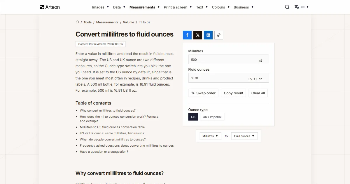 Arteon free tool screenshot: Convert millilitres to fluid ounces