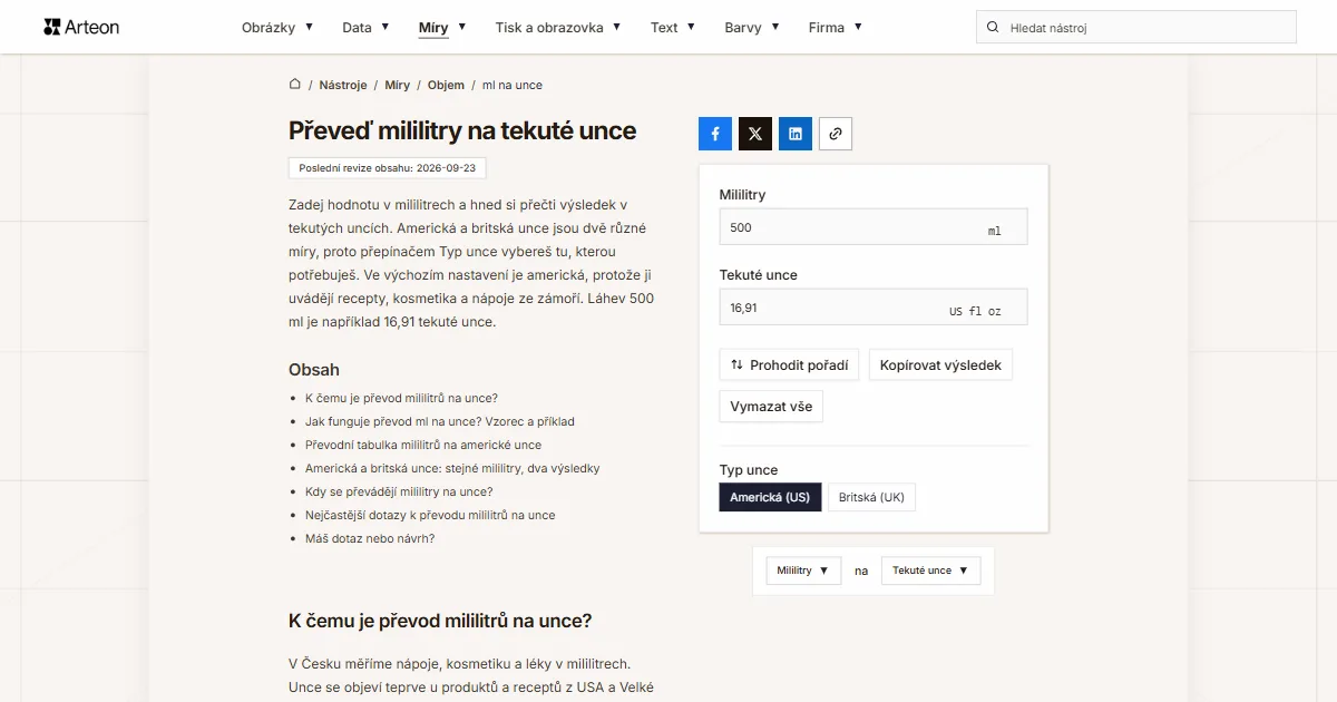 Snímek obrazovky bezplatného nástroje Arteon: Převeď mililitry na tekuté unce