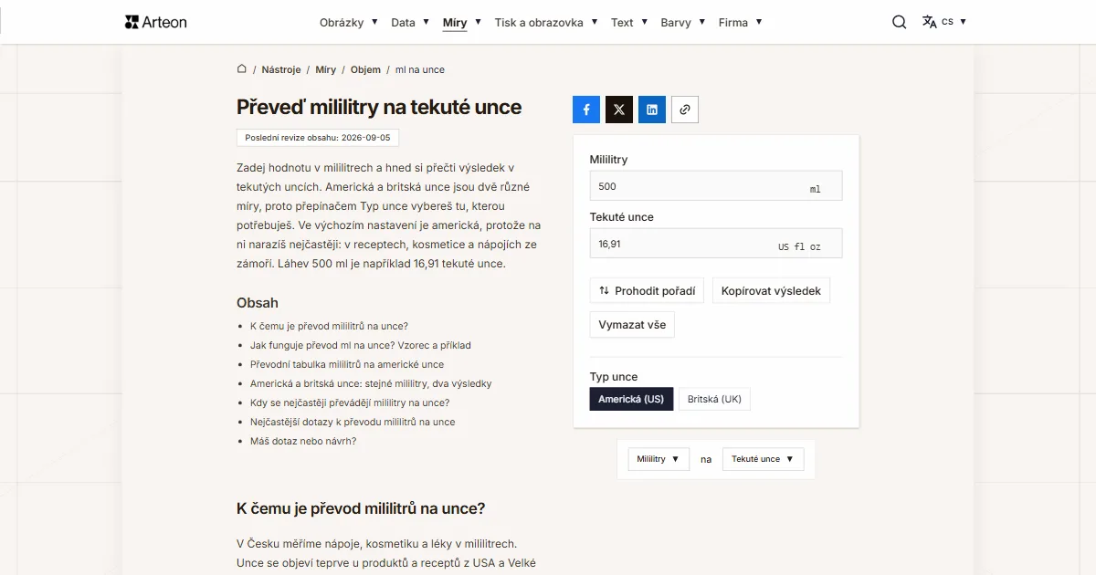 Snímek obrazovky bezplatného nástroje Arteon: Převeď mililitry na tekuté unce