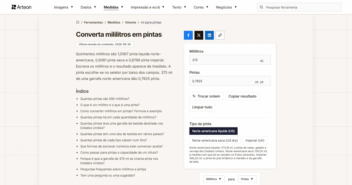 Captura de ecrã da ferramenta gratuita da Arteon: Converta mililitros em pintas