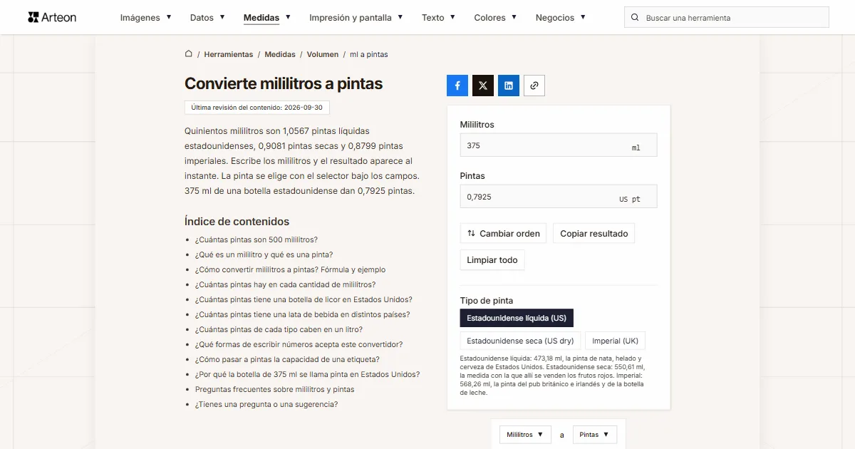 Captura de pantalla de la herramienta gratuita de Arteon: Convierte mililitros a pintas