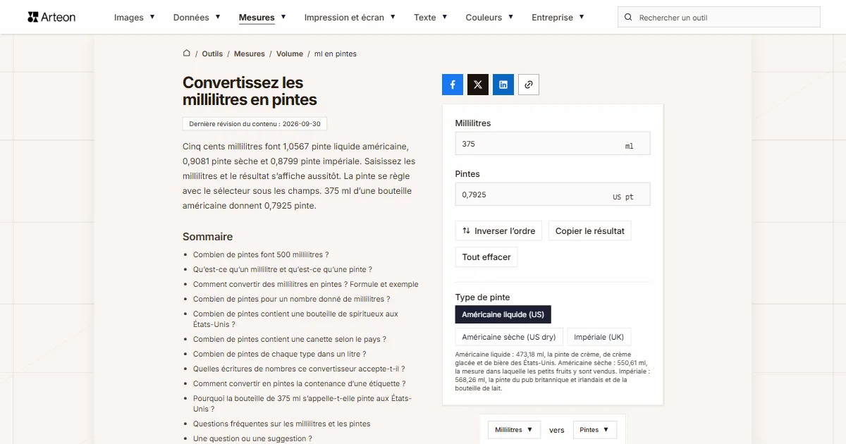 Capture d'écran de l'outil gratuit d'Arteon: Convertissez les millilitres en pintes