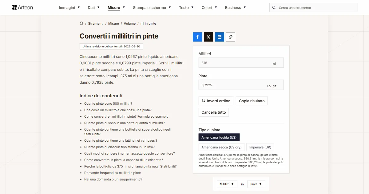 Screenshot dello strumento gratuito Arteon: Converti i millilitri in pinte
