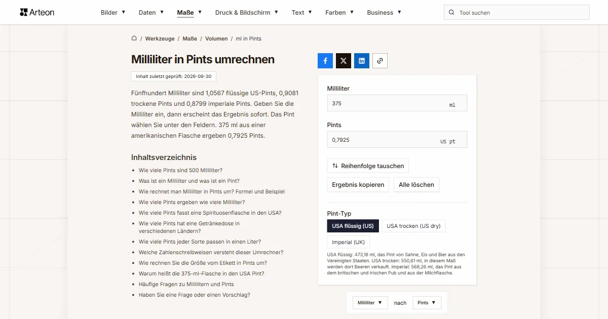 Screenshot des kostenlosen Arteon-Werkzeugs: Milliliter in Pints umrechnen