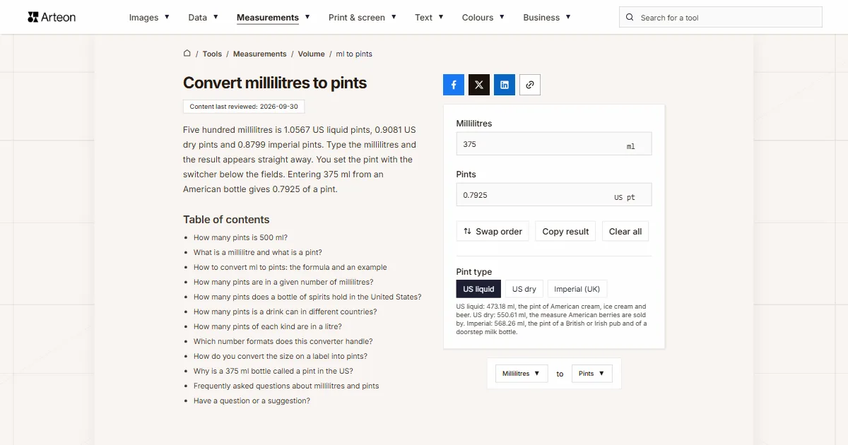 Arteon free tool screenshot: Convert millilitres to pints