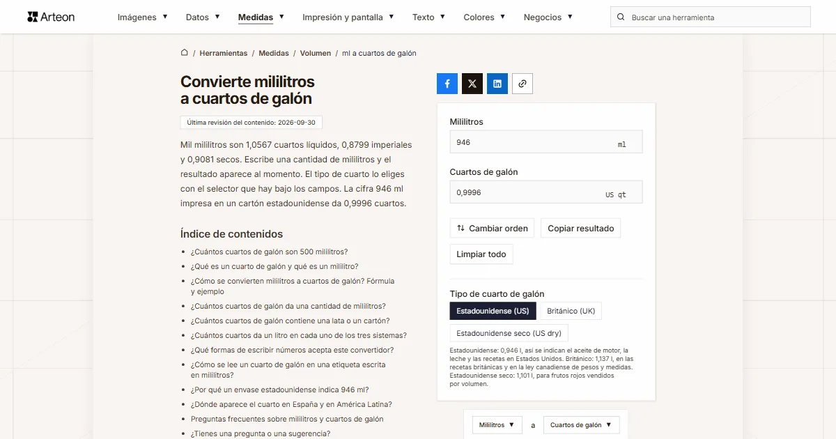 Captura de pantalla de la herramienta gratuita de Arteon: Convierte mililitros a cuartos de galón