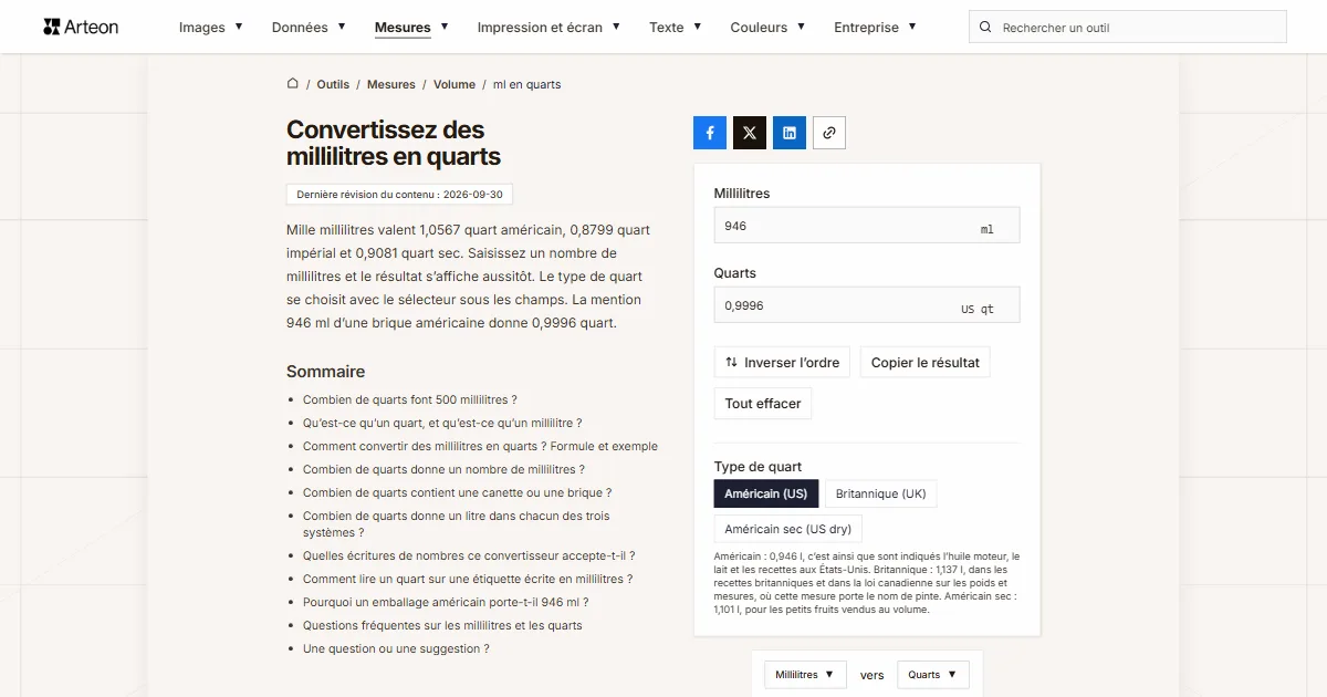 Capture d'écran de l'outil gratuit d'Arteon: Convertissez des millilitres en quarts
