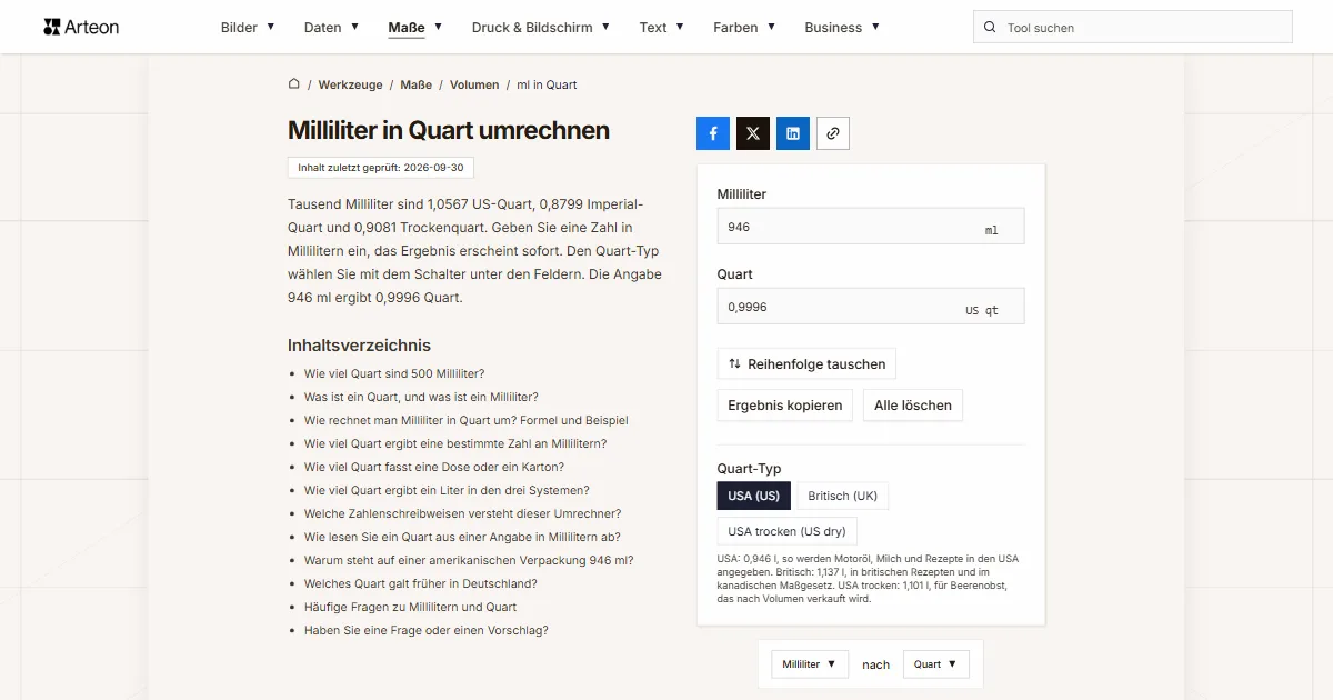 Screenshot des kostenlosen Arteon-Werkzeugs: Milliliter in Quart umrechnen