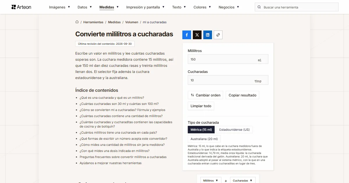 Captura de pantalla de la herramienta gratuita de Arteon: Convierte mililitros a cucharadas