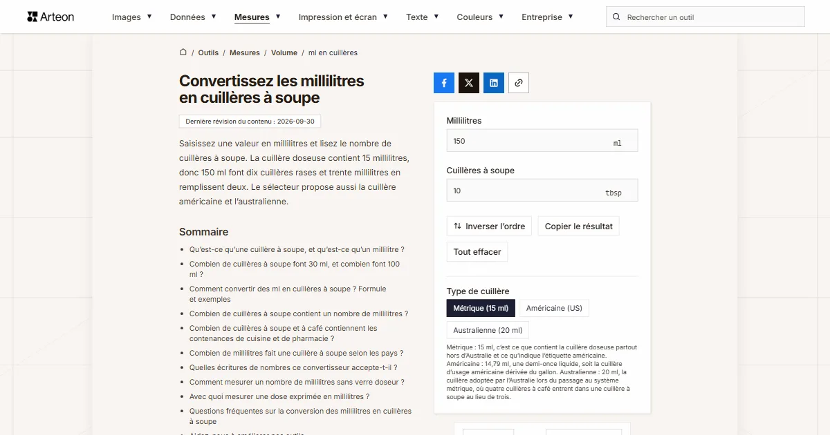 Capture d'écran de l'outil gratuit d'Arteon: Convertissez les millilitres en cuillères à soupe