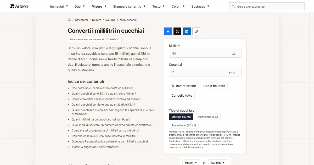 Screenshot dello strumento gratuito Arteon: Converti i millilitri in cucchiai