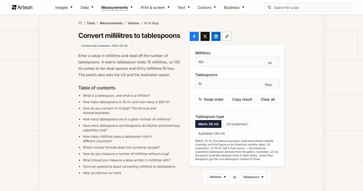 Arteon free tool screenshot: Convert millilitres to tablespoons