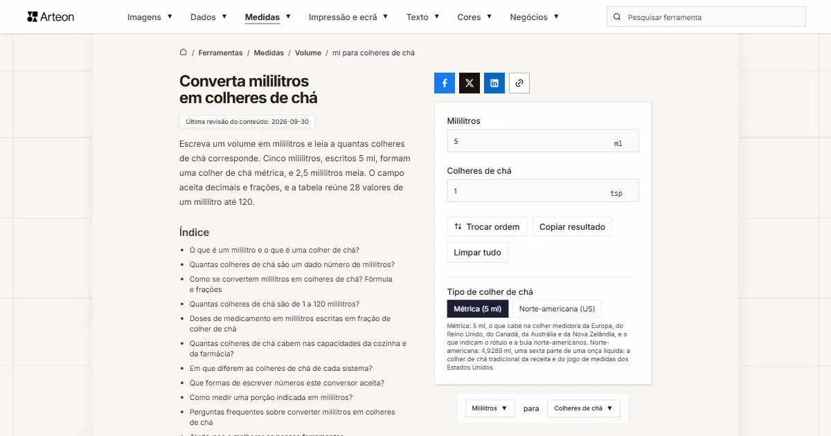 Captura de ecrã da ferramenta gratuita da Arteon: Converta mililitros em colheres de chá