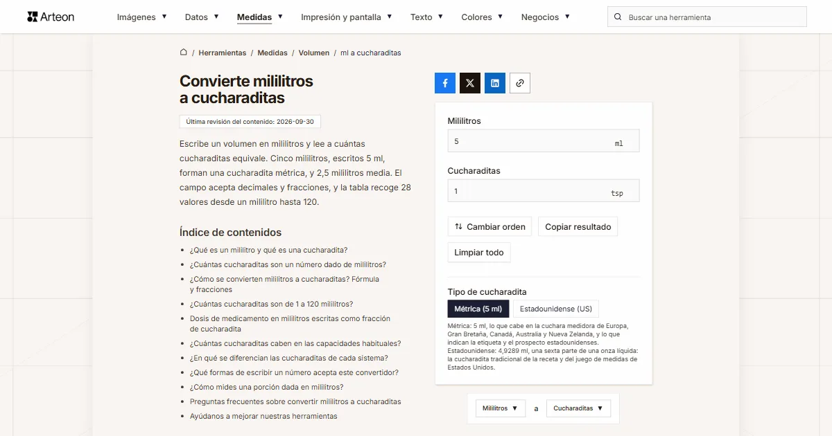 Captura de pantalla de la herramienta gratuita de Arteon: Convierte mililitros a cucharaditas
