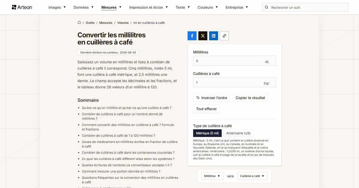 Capture d'écran de l'outil gratuit d'Arteon: Convertir les millilitres en cuillères à café