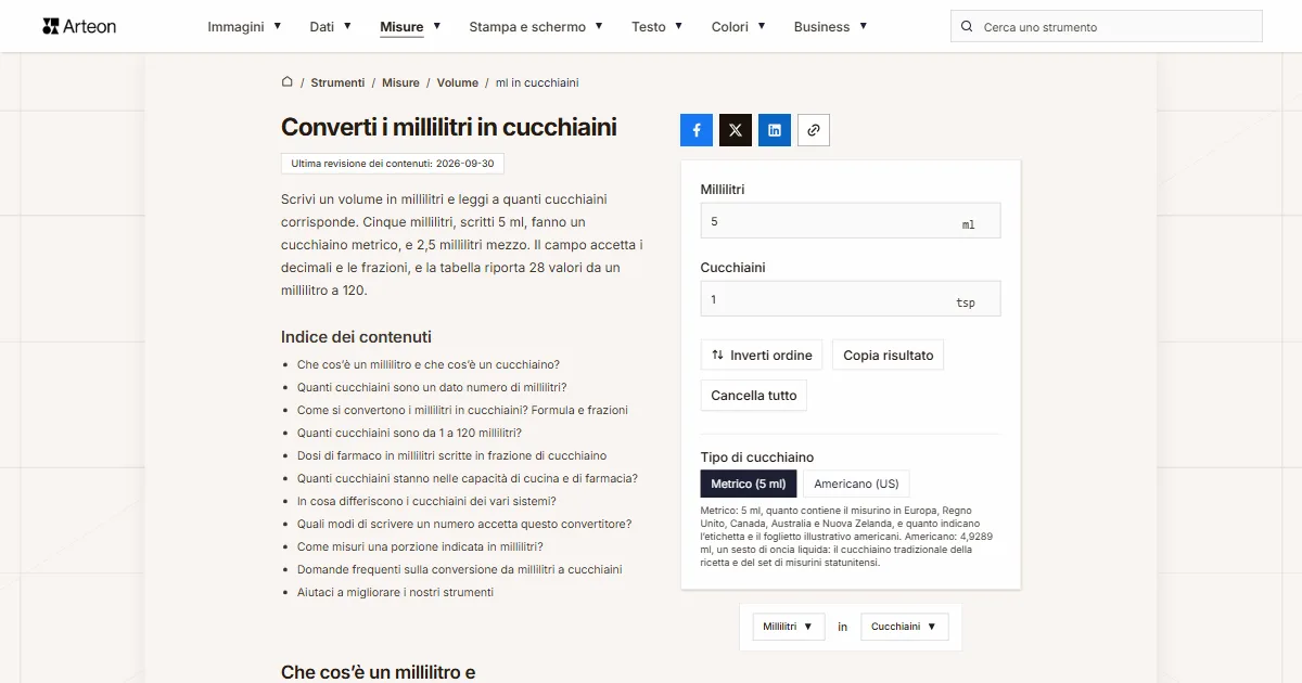 Screenshot dello strumento gratuito Arteon: Converti i millilitri in cucchiaini