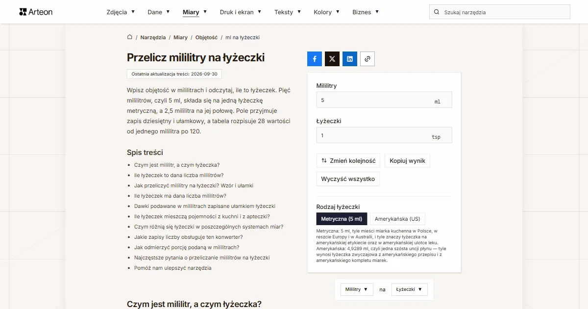 Zrzut ekranu darmowego narzędzia Arteon: Przelicz mililitry na łyżeczki