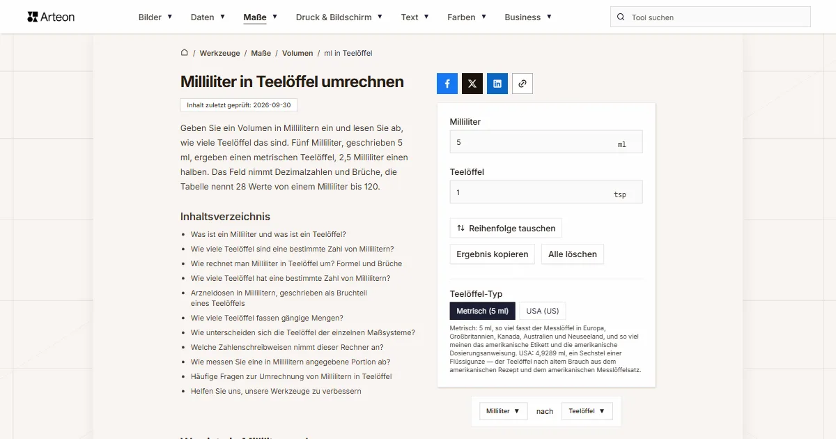 Screenshot des kostenlosen Arteon-Werkzeugs: Milliliter in Teelöffel umrechnen