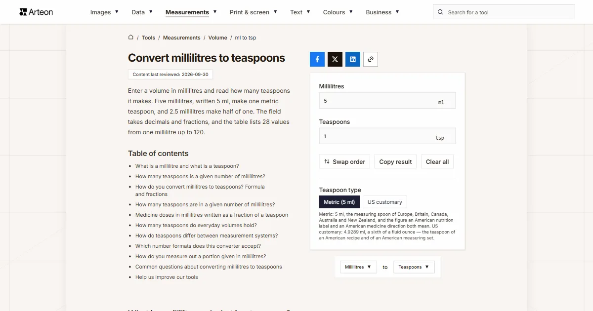 Arteon free tool screenshot: Convert millilitres to teaspoons