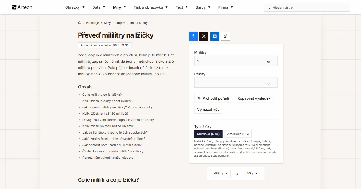 Snímek obrazovky bezplatného nástroje Arteon: Převeď mililitry na lžičky
