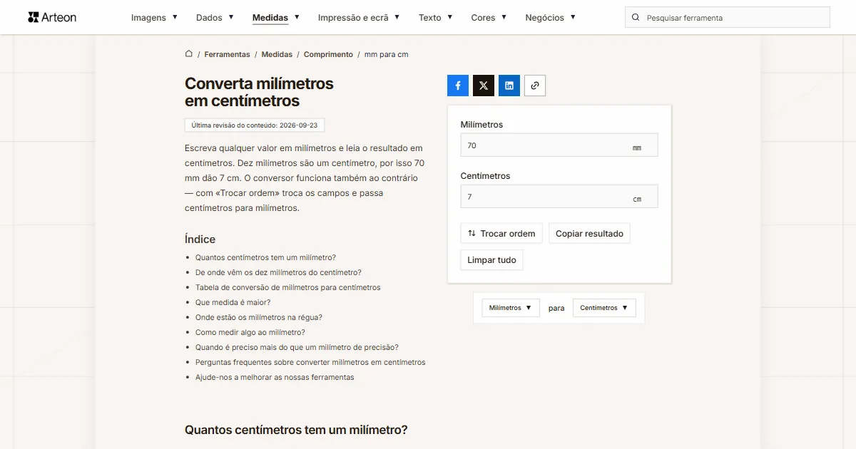 Captura de ecrã da ferramenta gratuita da Arteon: Converta milímetros em centímetros