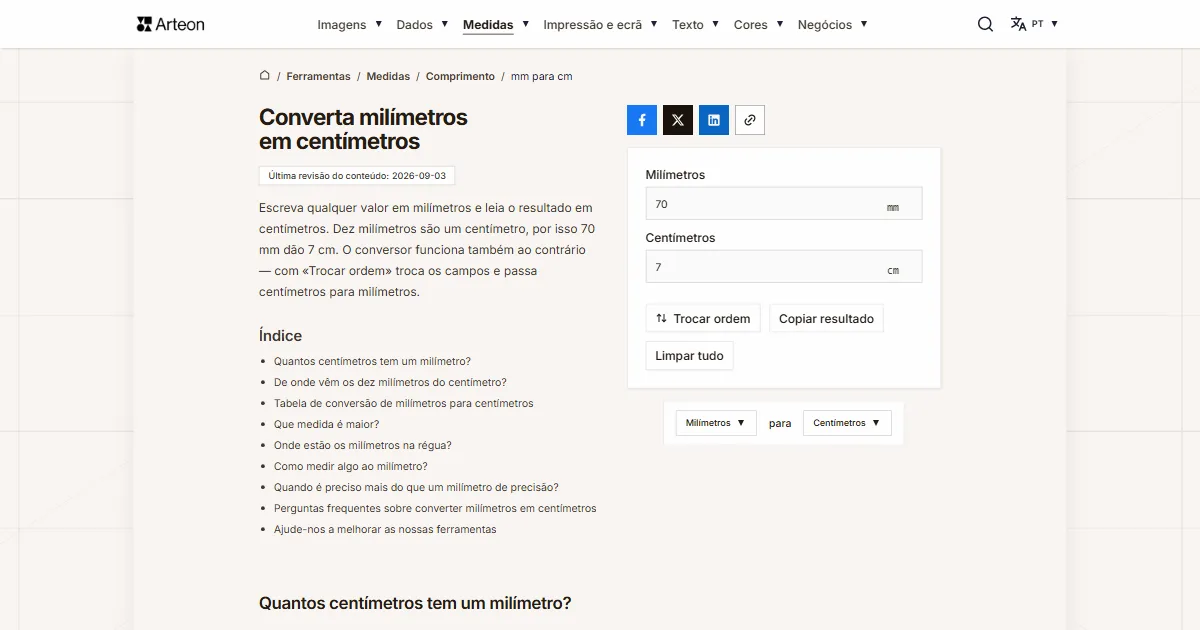 Captura de ecrã da ferramenta gratuita da Arteon: Converta milímetros em centímetros