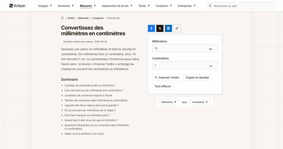 Capture d'écran de l'outil gratuit d'Arteon: Convertissez des millimètres en centimètres