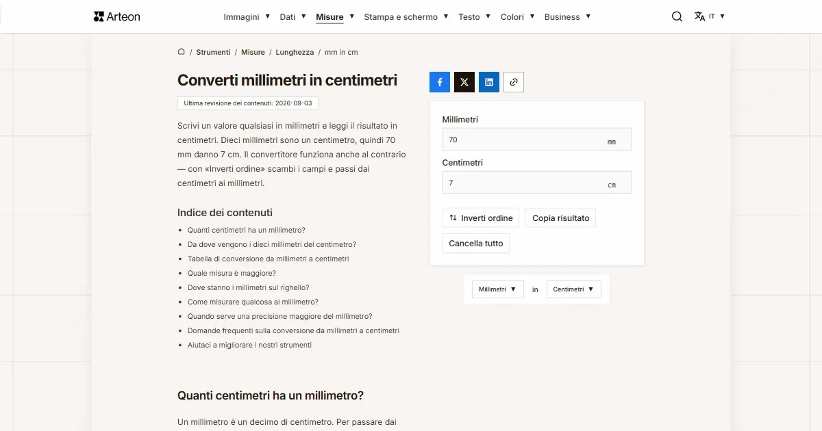 Screenshot dello strumento gratuito Arteon: Converti millimetri in centimetri