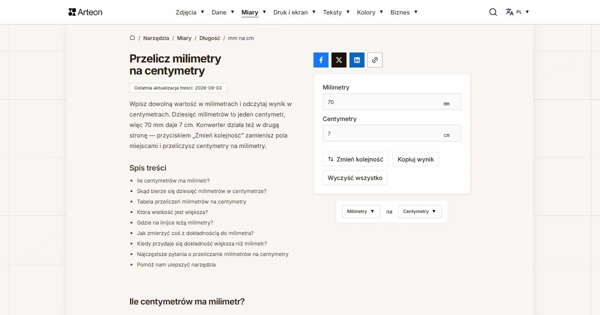 Zrzut ekranu darmowego narzędzia Arteon: Przelicz milimetry na centymetry