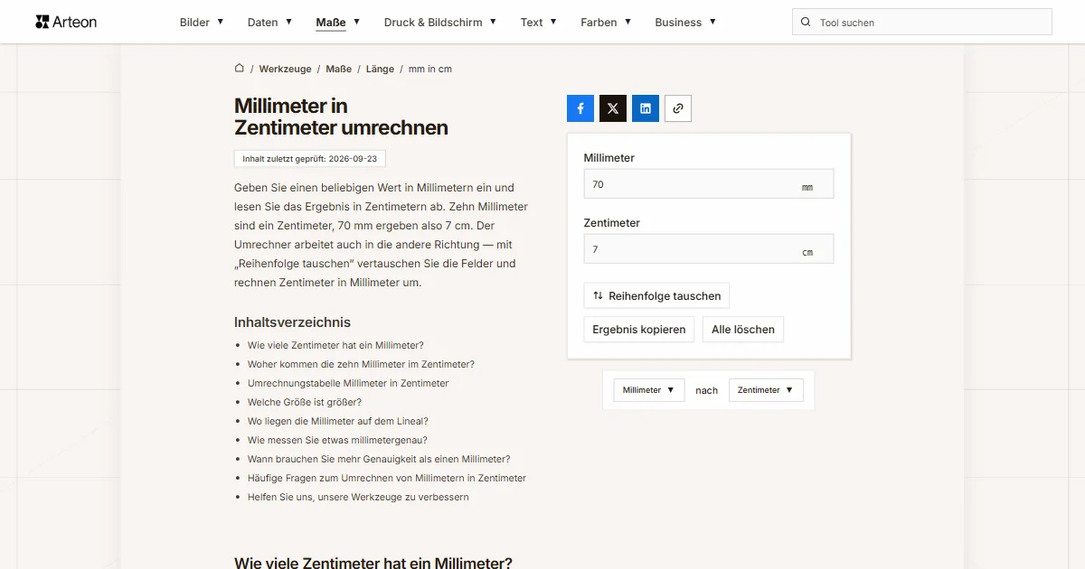 Screenshot des kostenlosen Arteon-Werkzeugs: Millimeter in Zentimeter umrechnen