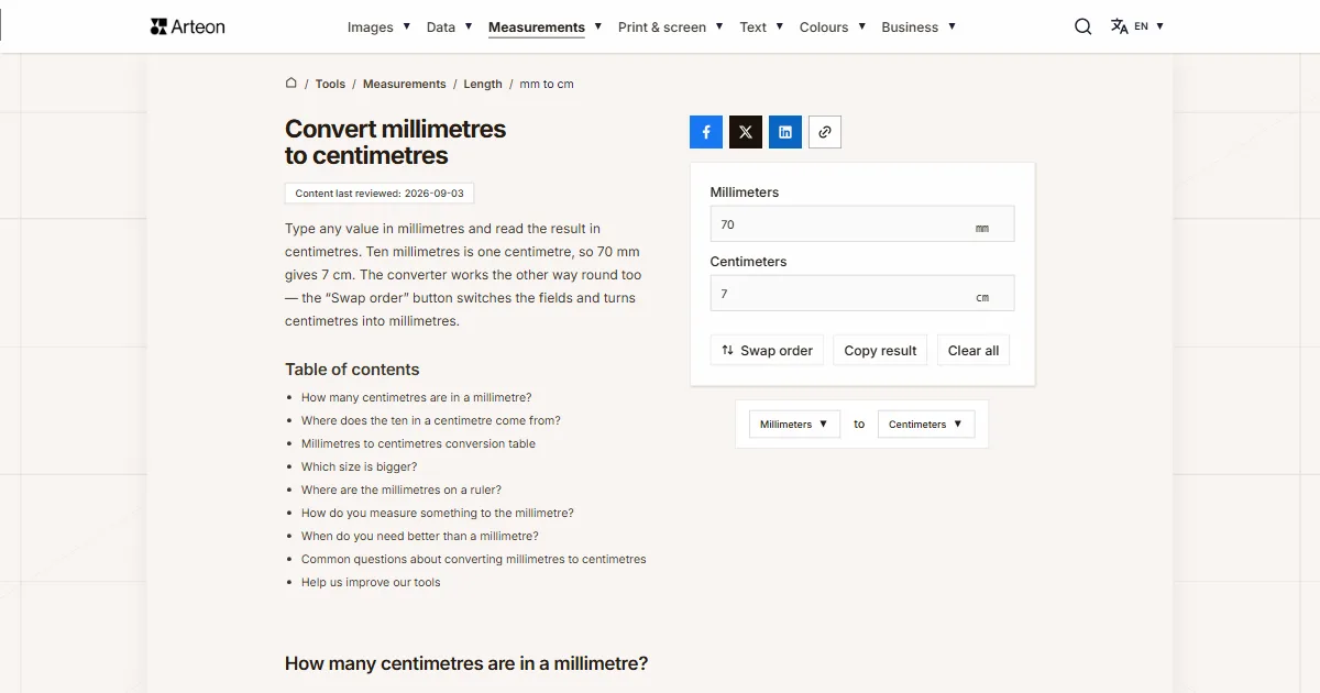 Arteon free tool screenshot: Convert millimetres to centimetres