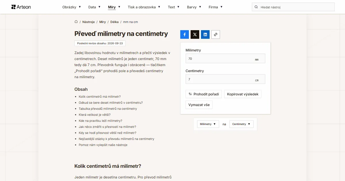 Snímek obrazovky bezplatného nástroje Arteon: Převeď milimetry na centimetry