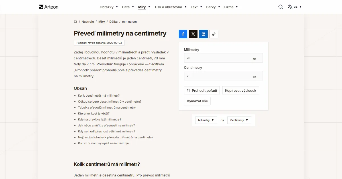 Snímek obrazovky bezplatného nástroje Arteon: Převeď milimetry na centimetry