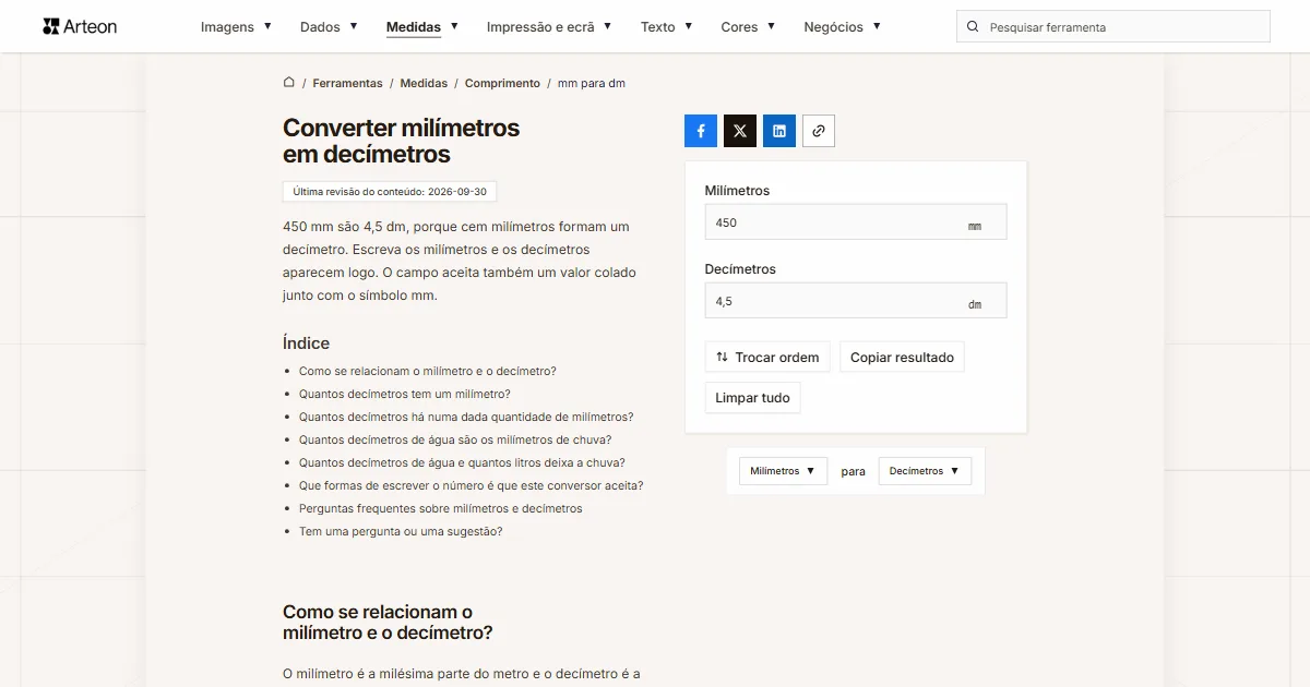 Captura de ecrã da ferramenta gratuita da Arteon: Converter milímetros em decímetros