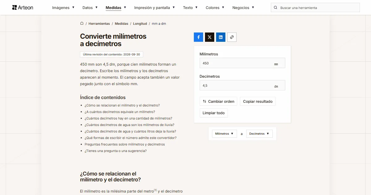 Captura de pantalla de la herramienta gratuita de Arteon: Convierte milímetros a decímetros