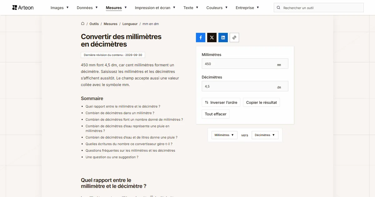 Capture d'écran de l'outil gratuit d'Arteon: Convertir des millimètres en décimètres