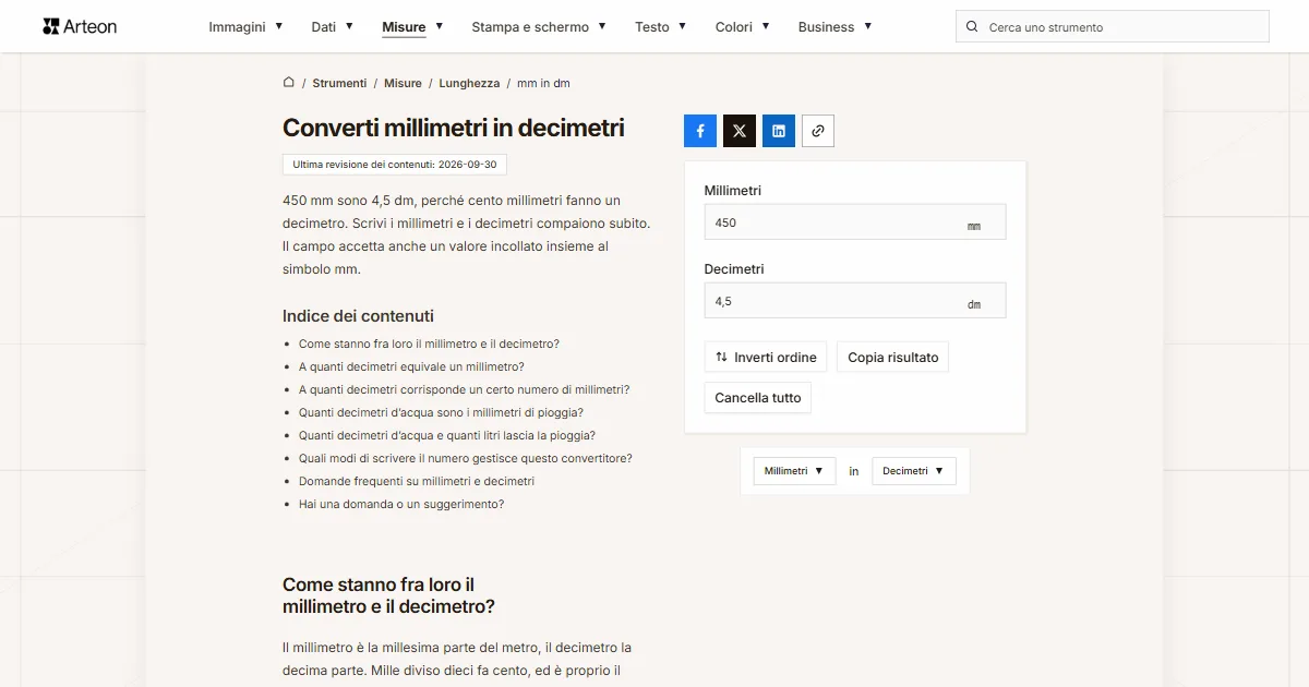 Screenshot dello strumento gratuito Arteon: Converti millimetri in decimetri