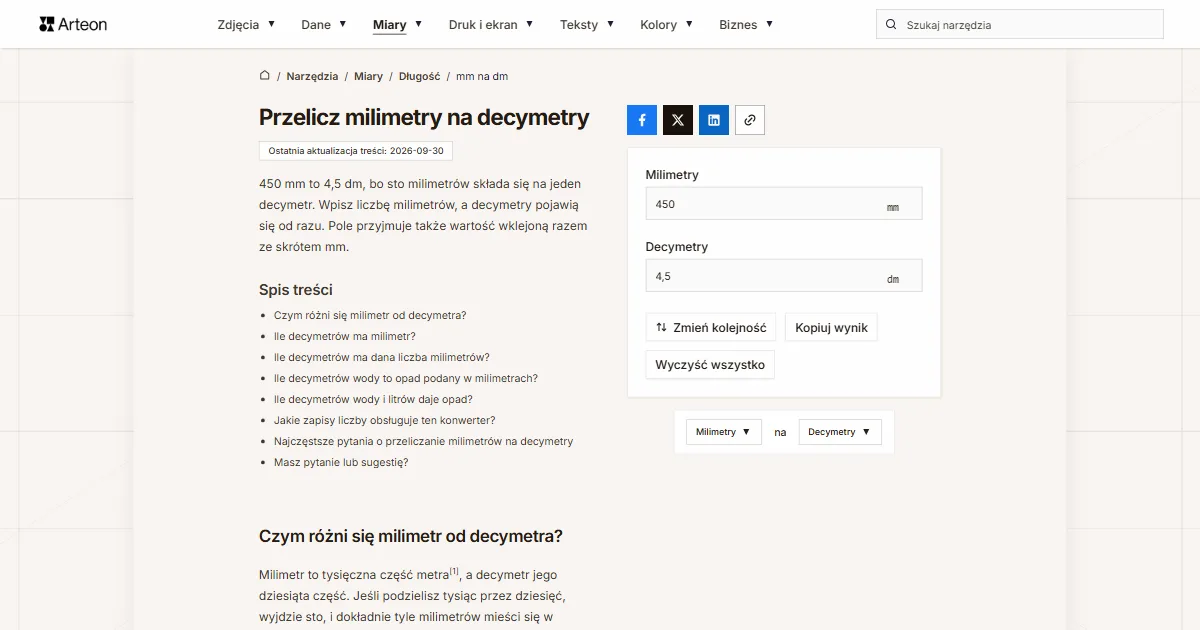 Zrzut ekranu darmowego narzędzia Arteon: Przelicz milimetry na decymetry