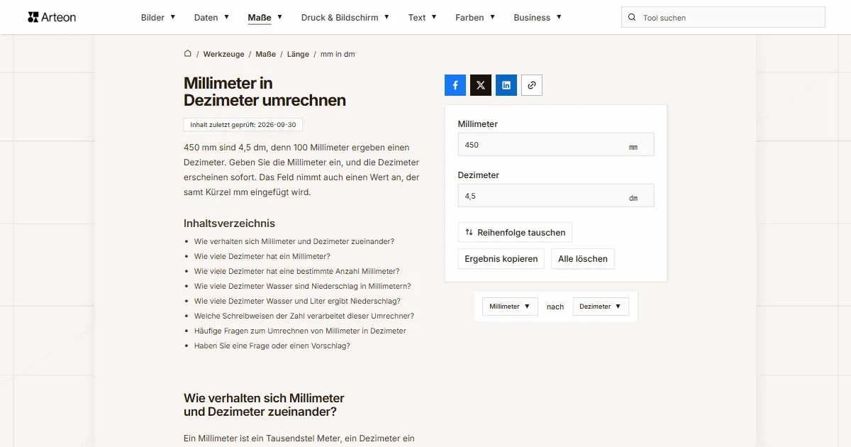Screenshot des kostenlosen Arteon-Werkzeugs: Millimeter in Dezimeter umrechnen