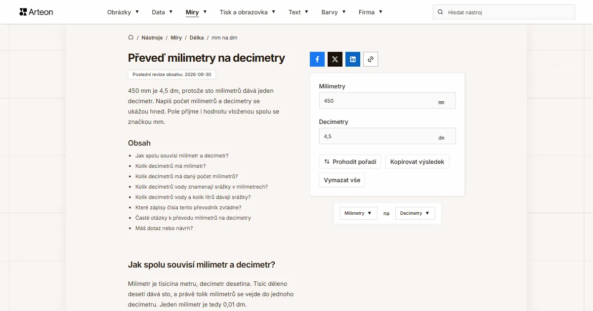 Snímek obrazovky bezplatného nástroje Arteon: Převeď milimetry na decimetry