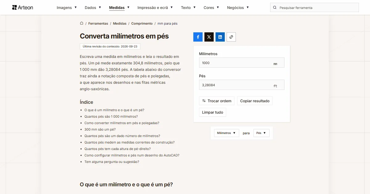 Captura de ecrã da ferramenta gratuita da Arteon: Converta milímetros em pés