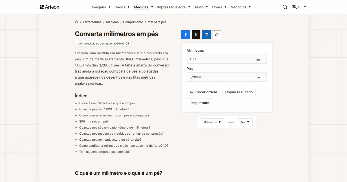 Captura de ecrã da ferramenta gratuita da Arteon: Converta milímetros em pés