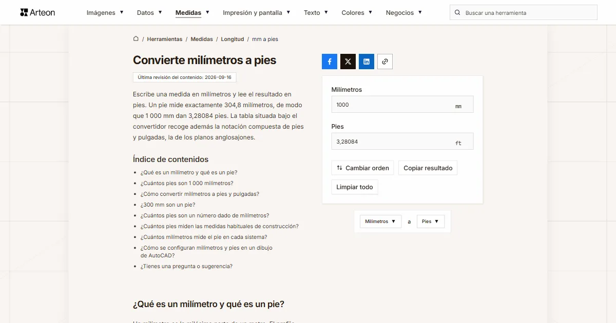 Captura de pantalla de la herramienta gratuita de Arteon: Convierte milímetros a pies