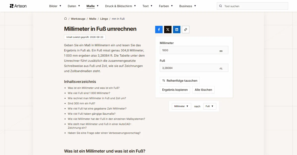 Screenshot des kostenlosen Arteon-Werkzeugs: Millimeter in Fuß umrechnen