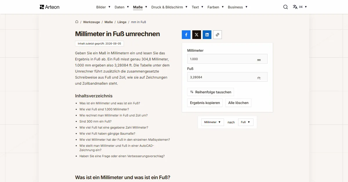 Screenshot des kostenlosen Arteon-Werkzeugs: Millimeter in Fuß umrechnen