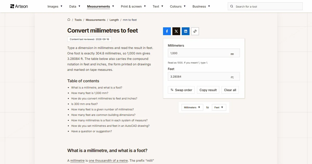 Arteon free tool screenshot: Convert millimetres to feet