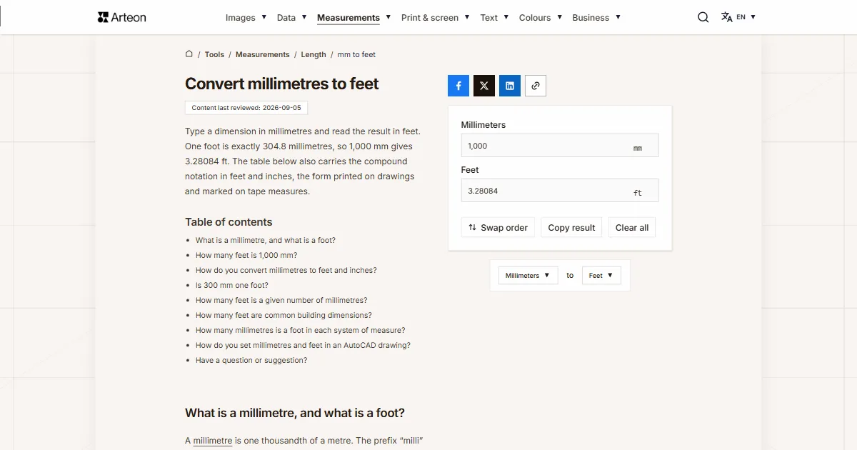 Arteon free tool screenshot: Convert millimetres to feet