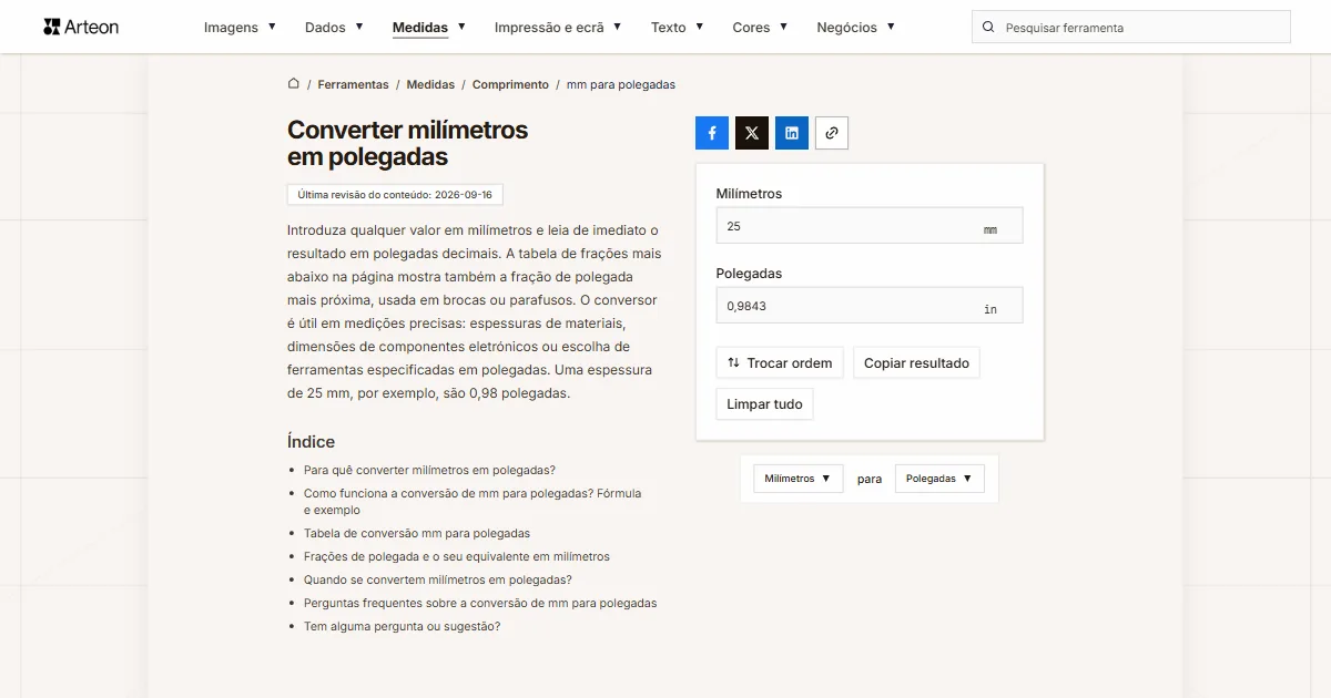 Captura de ecrã da ferramenta gratuita da Arteon: Converter milímetros em polegadas