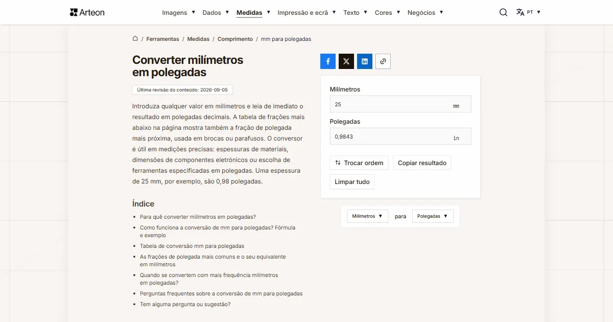 Captura de ecrã da ferramenta gratuita da Arteon: Converter milímetros em polegadas